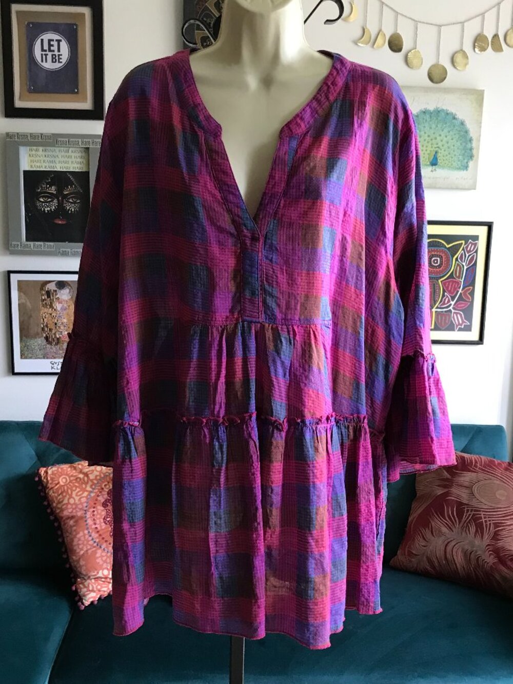 HAPTICS size 3X Back to Basics Fuchsia Plaid Notched Neck Babydoll Tunic Boho